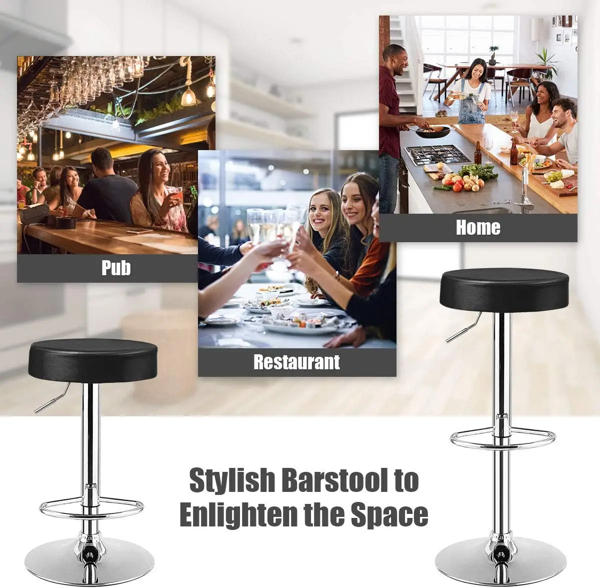 PU Leather Bar Stool, giratória moderna, Backless Barstool Rodada, sem braços Bar cadeira, altura ajustável, Chrome apoio para os pés