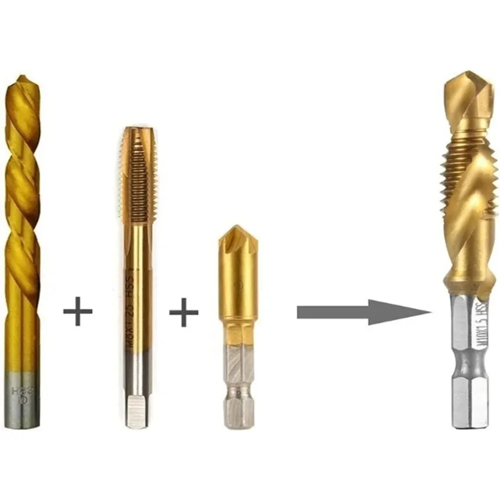 Tap Drill Bits Set Titanium Plated Hex Shank HSS Countersink Thread Metric Screw Machine Compound M3-M10 Coated Drill Hex Shank
