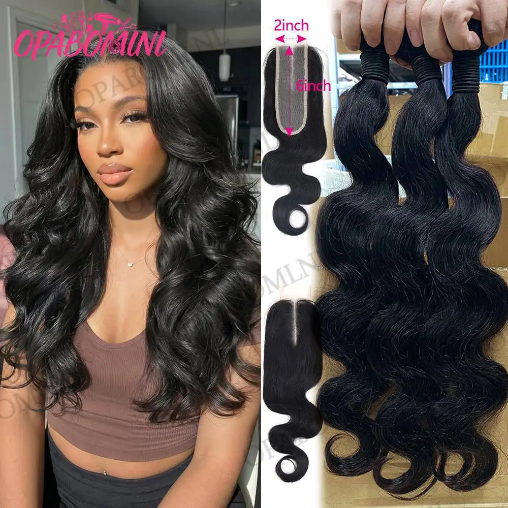 12A Fasci di capelli umani con onde naturali, con chiusura in pizzo a riga centrale 2x6, 100% capelli brasiliani vergini non trattati, 3 fasci di capelli umani con chiusura in pizzo per donne, da