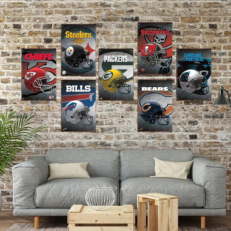 Retro Football Helmet Metal Tin Sign Poster Plaque Tin Painting Club sports Field Man Cave Wall Art Decorative Panel Mural Gift