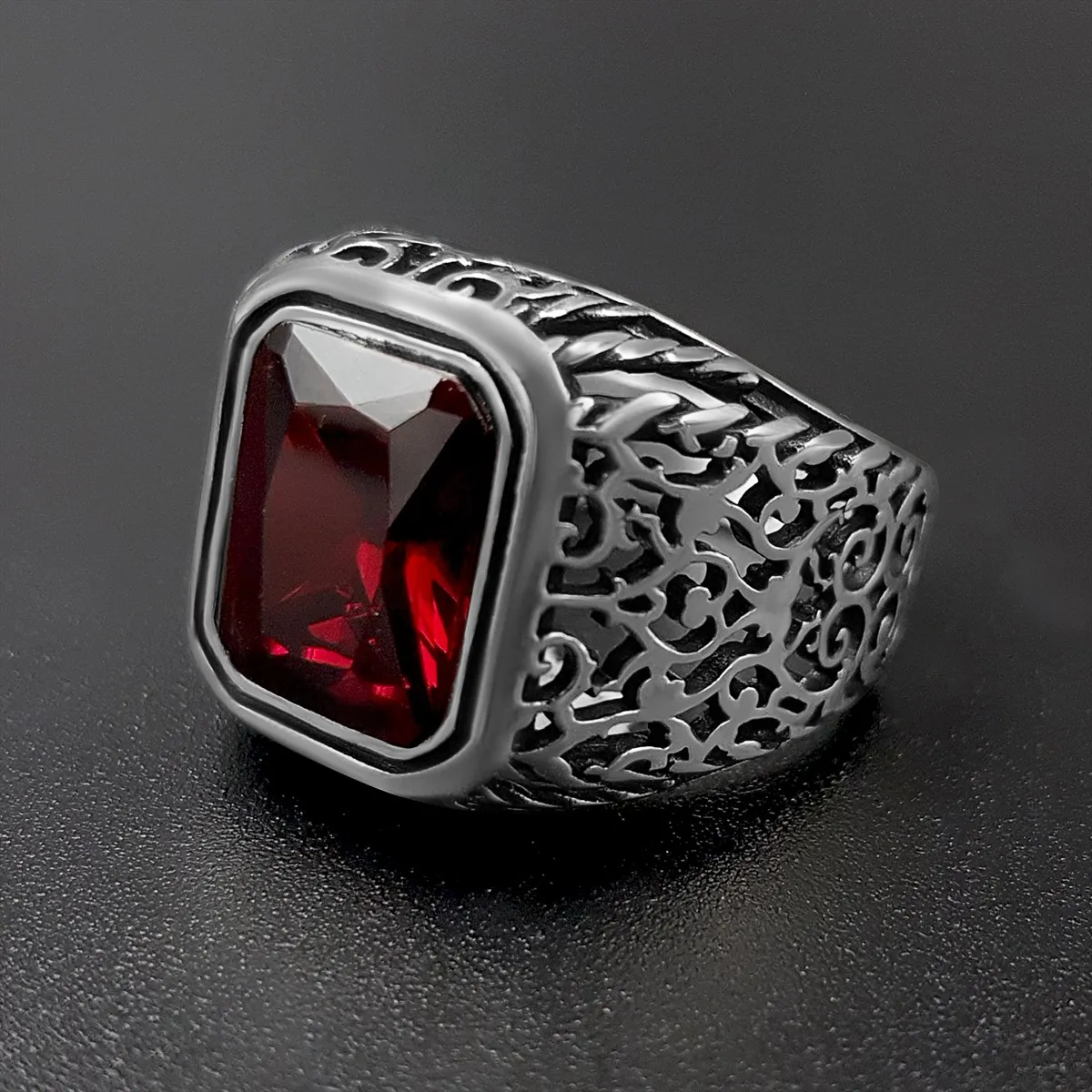 Elegant Stamped Solid 925 Sterling Silver Red Zircon Stone Men's Ring Punk Chic Accessory Handmade Jewelry Gift