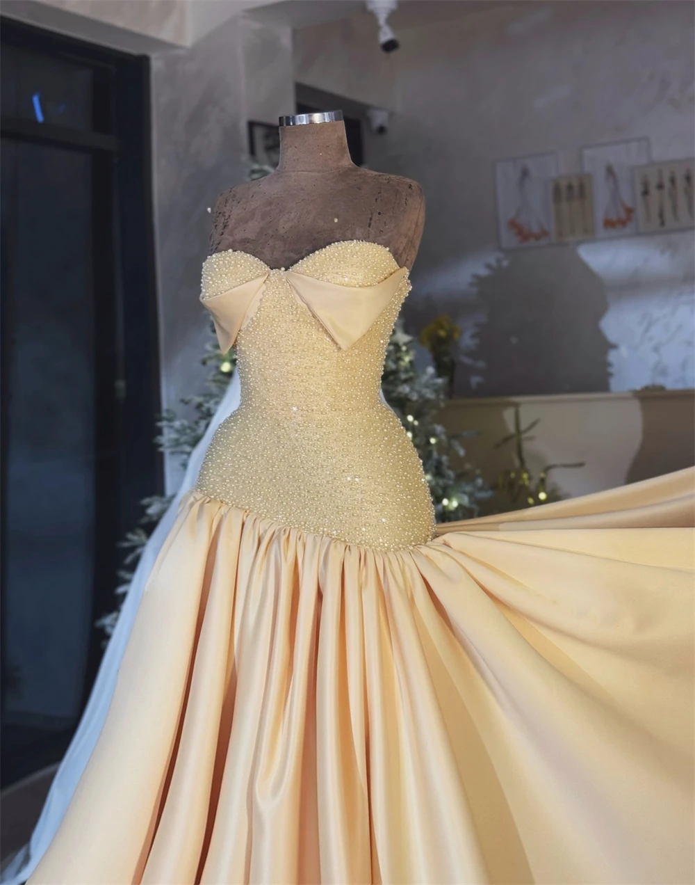 Sansa Customized Light Yellow A-line Sweetheart Neck Prom Dress Sleeveless Beading Vestidos De Noche Floor-Length Formal Evening