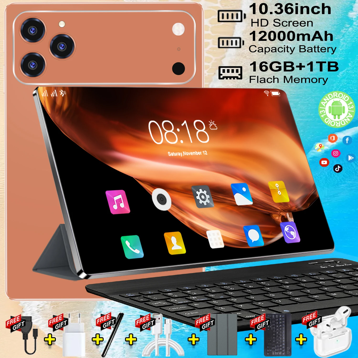 Tablette tout usage 10,36 pouces sous Android 13, processeur 10 cœurs réactif. Stockage 16Go+1To et batterie 12000mAh performante. Connexion 5G double SIM et WiFi, caméras 16MP+32MP aux rendus soignés.