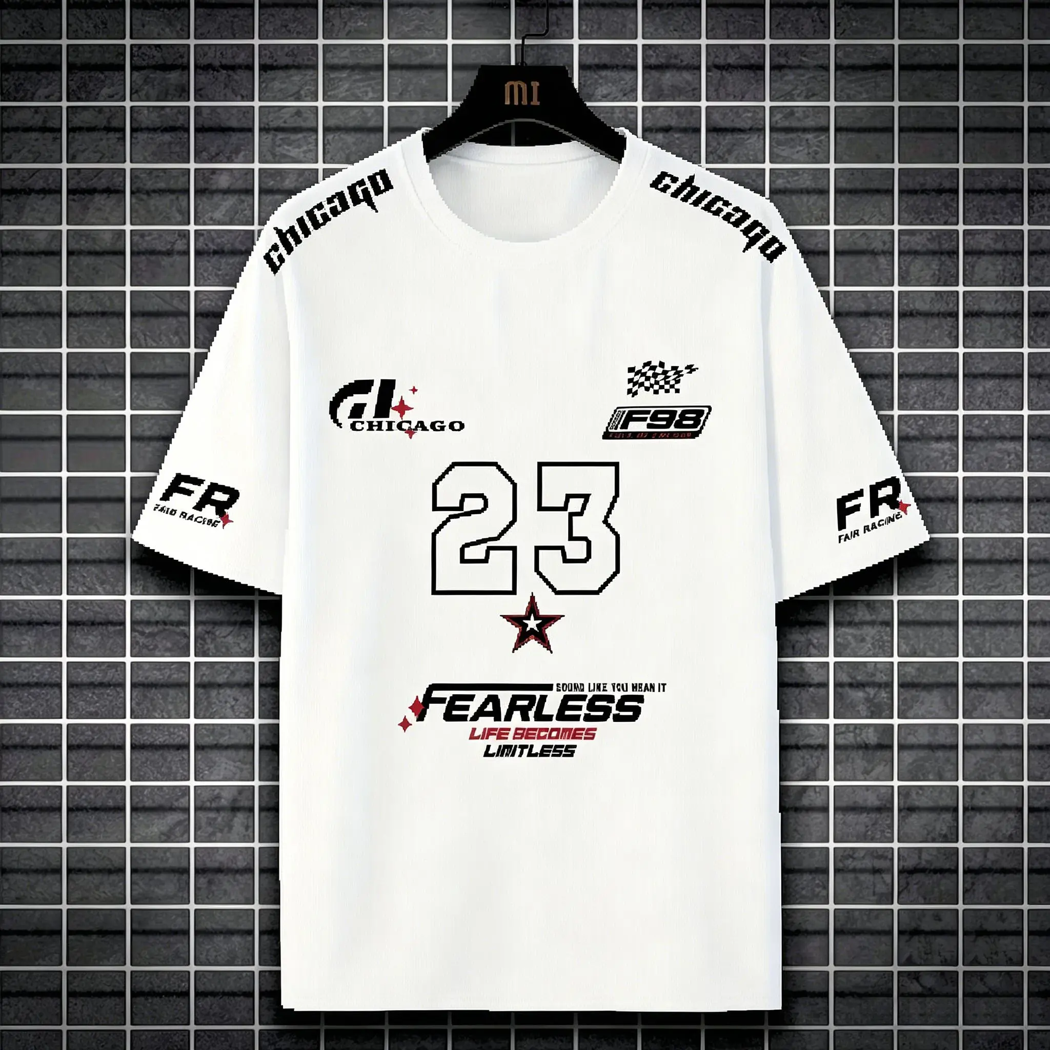 T-shirt graphique à manches courtes pour homme, motif drapeau de course Chicago 23 Fearless, blanc, imprimé numéro de sport automobile, streetwear décontracté