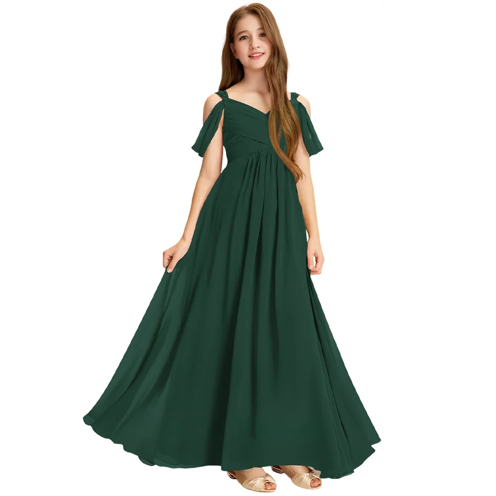 B Роскошное платье для подружек невесты с открытыми плечами, королевское бахроновое платье с цветочным узором для девочек, длиной до пола, шифоновое, с каскадными оборками, свадебное