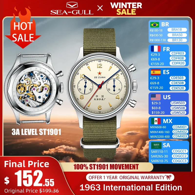 Seagull 1963 International Edition Men's Mechanical Watch Pilot Clock ST1901 Retro Chronograph Wristwatch Air Force Aviation New