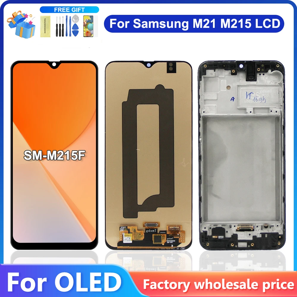 Montagem do painel de tela sensível ao toque LCD AMOLED com moldura, display para Samsung M21, M215F, DS, £, 2020