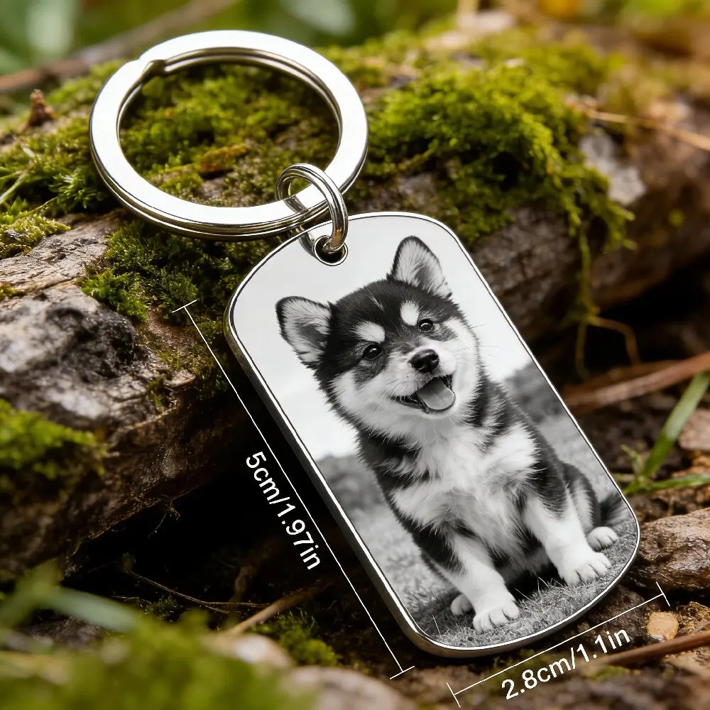 Custom Silver Stainless Steel Dog Tag Photo Text Keychain Multi-use Anti-Lost ID Pendant For Pet Family Couple Daily Carry