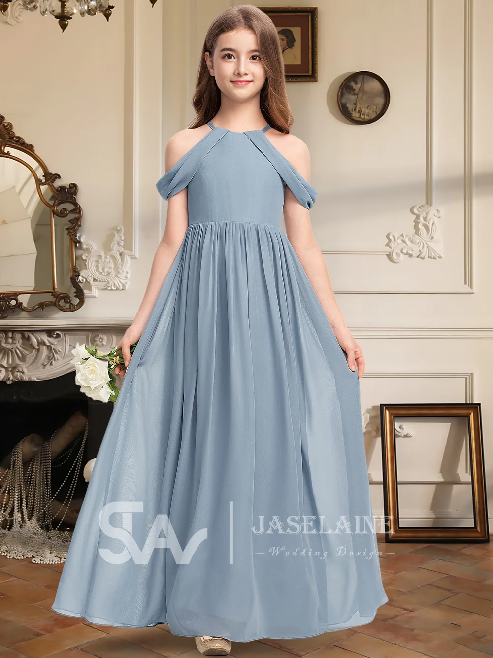 Элегантное платье подружки невесты из шифона с лямкой на шее длиной до пола, платье с цветочным узором для девочек, трапециевидное платье на тонких бретельках, официальное платье для девочек с открытыми плечами