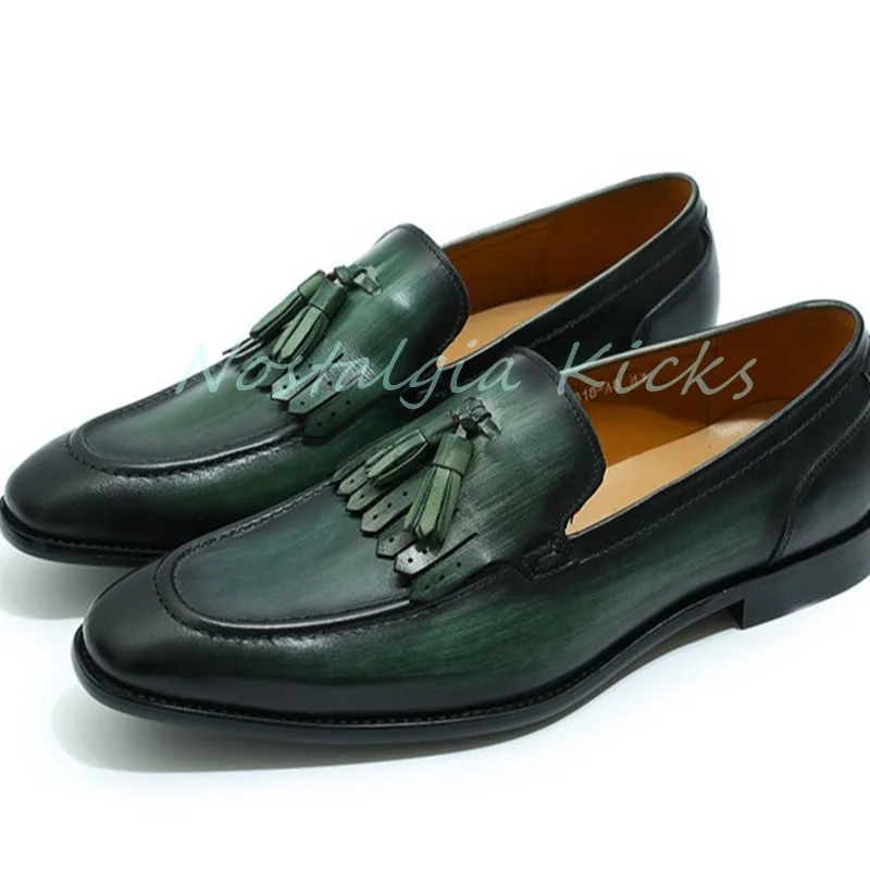 

Green Tassel Real Leather Loafers Man Formal Casual Slip On Breathable Dress Shoes Soft Insole Men's Business Party Footwear