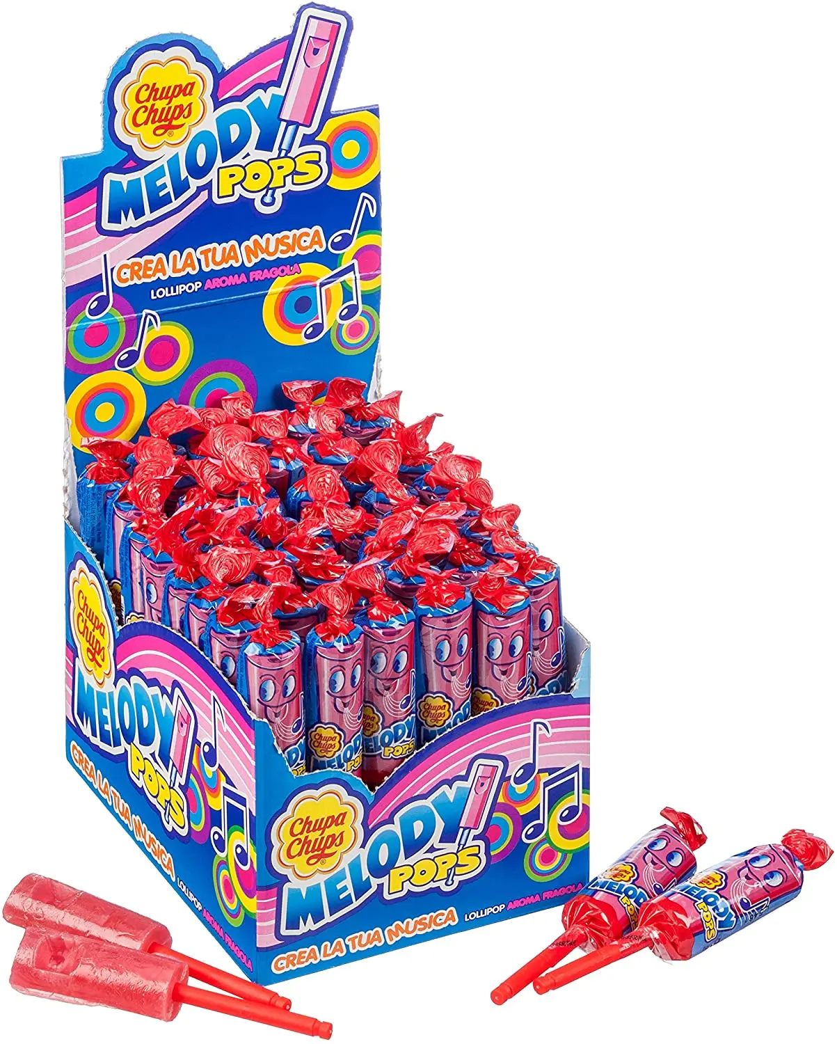 Chupa Chups Melody Pops, caramel with strawberry flavor stick, Display of 48 units of 15 gr. (Total 720 gr.) -Create your own music with Melody Pops Melody-Chupa Chups is the favorite candy
