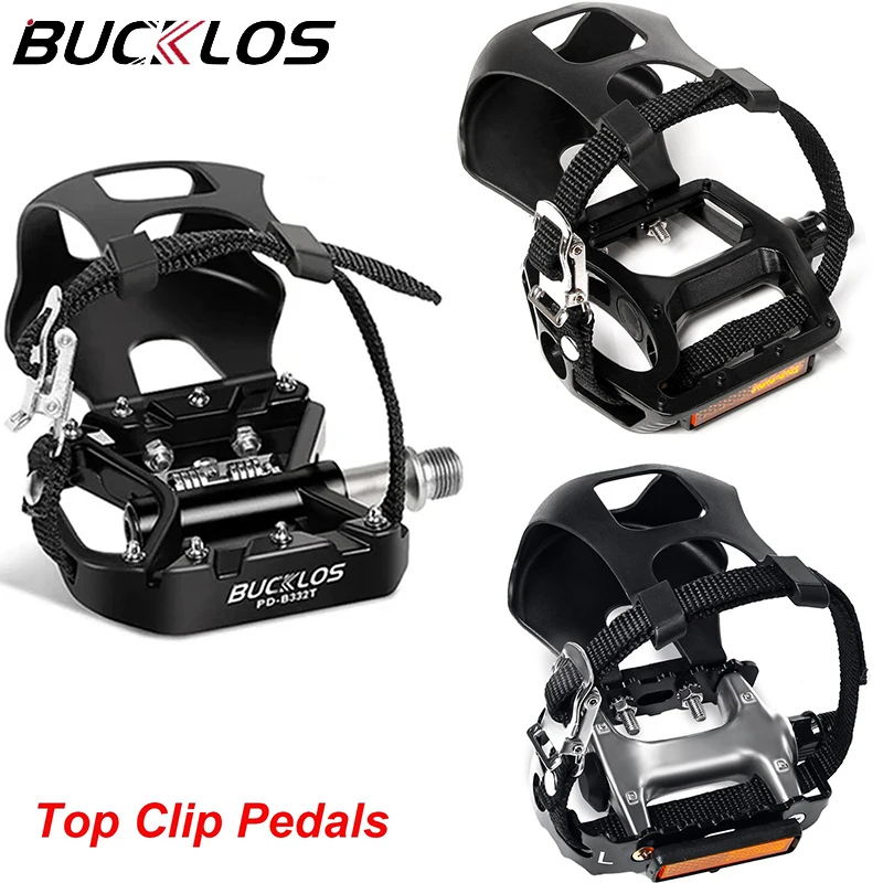 

BUCKLOS Велосипедные педали без зажимов, зажим для пальцев, двойная функциональная клетка с зажимом для пальцев, 9/16 дюйма, самоблокирующаяся педаль для горного велосипеда с верхним зажимом и ремнями