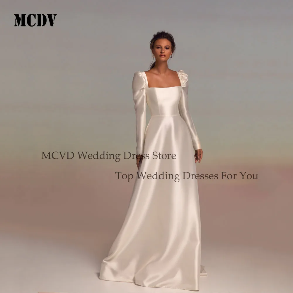 

MCDV Elegant Long Sleeve Wedding Dresses Square Collar A-Line Ivory Bridal Gowns Satin Robes Vestidos De Novia Customized