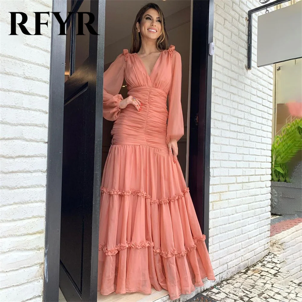 

RFYR V-neck Blush Evening Dress Bat Mitzvah Mermaid Prom Dress Gown Party Ruched Vestidos De Fiestas Elegantes Mujer Customized