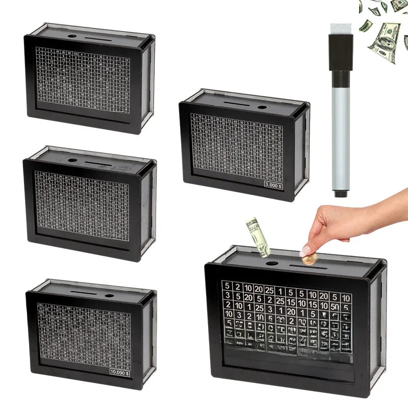 Tirelire réutilisable noire USD, avec compteur d'objectifs d'argent, tirelire d'épargne, bricolage, aide à l'habitat d'épargne