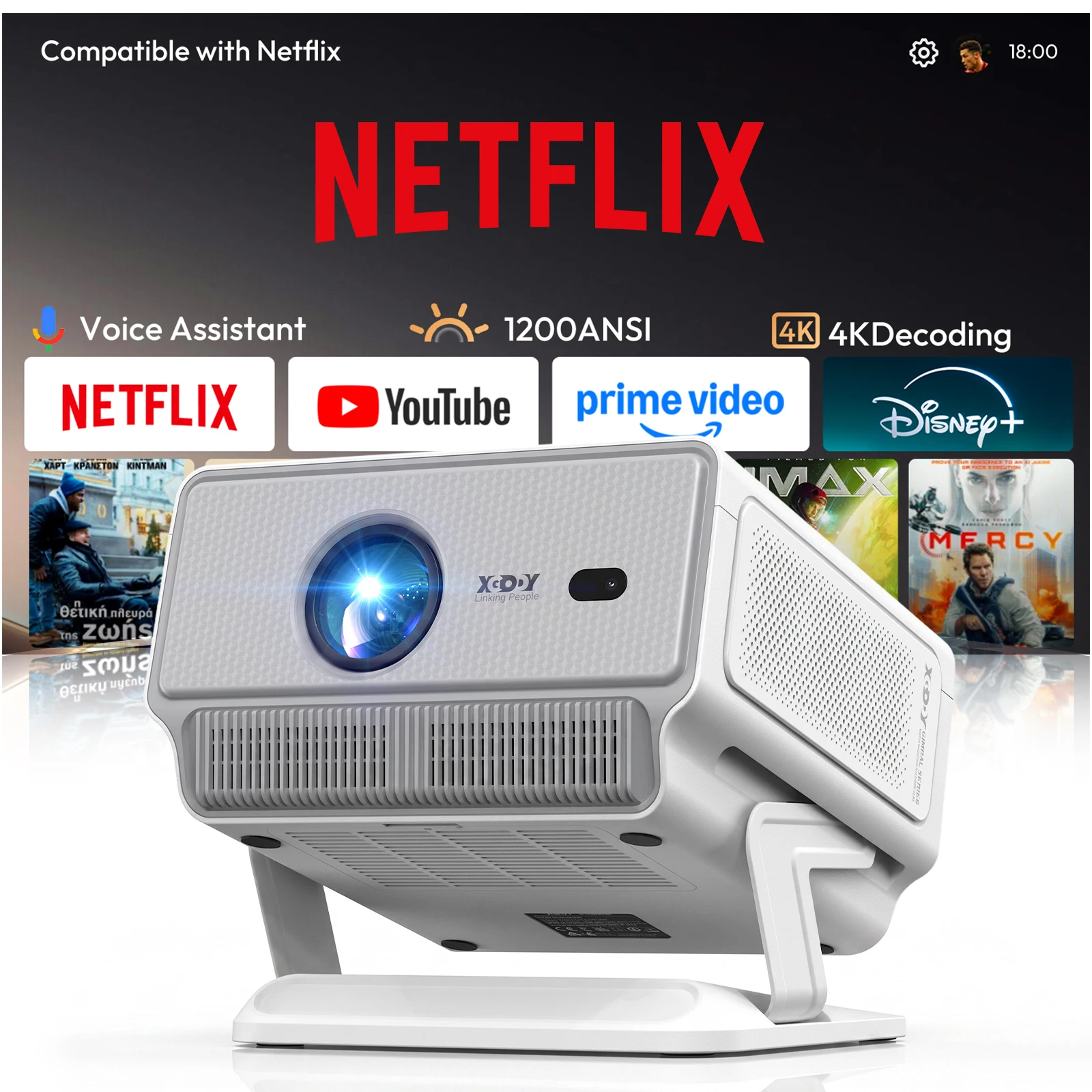 Proiettore Xgody N8 4K Certificato Netflix 1200 Ansi Whale Tv Smart Os Autofocus 4D Keystone WiFi 6 BT 5.4 Home Theater