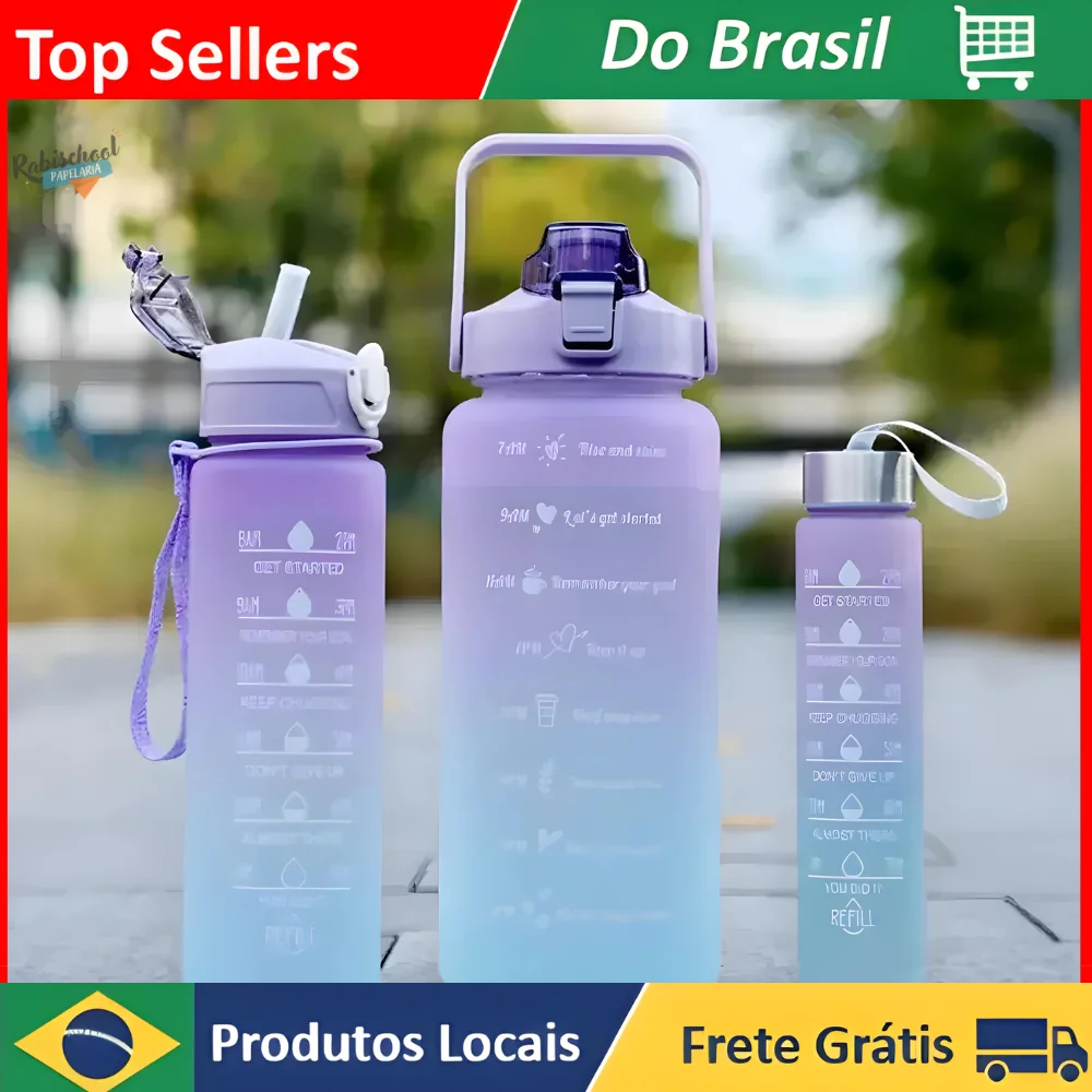 Kit garrafa de Água Motivacionais Fitness Tie Dye sortide 2 Litros 900ml 300ml