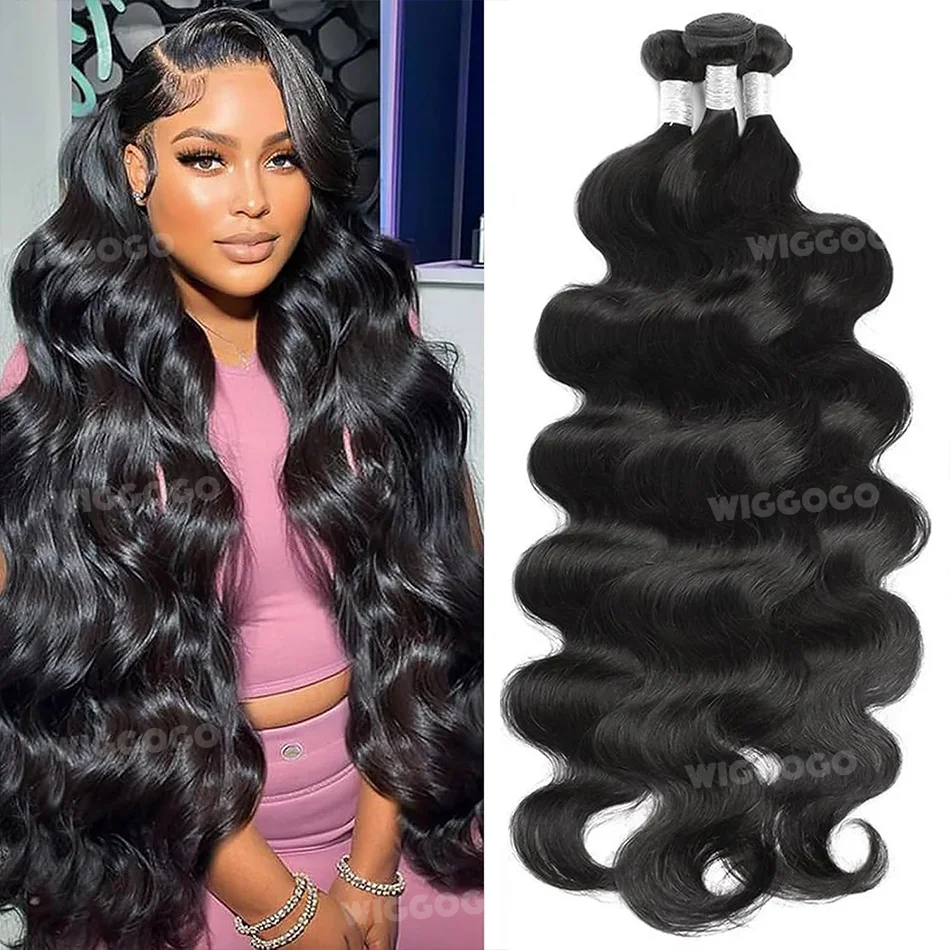 Extensiones de cabello humano Wiggogo Body Wave, mechones de 26, 28 y 30 pulgadas, 100% cabello humano, extensiones de cabello negro Natural originales, 1/3/4 piezas
