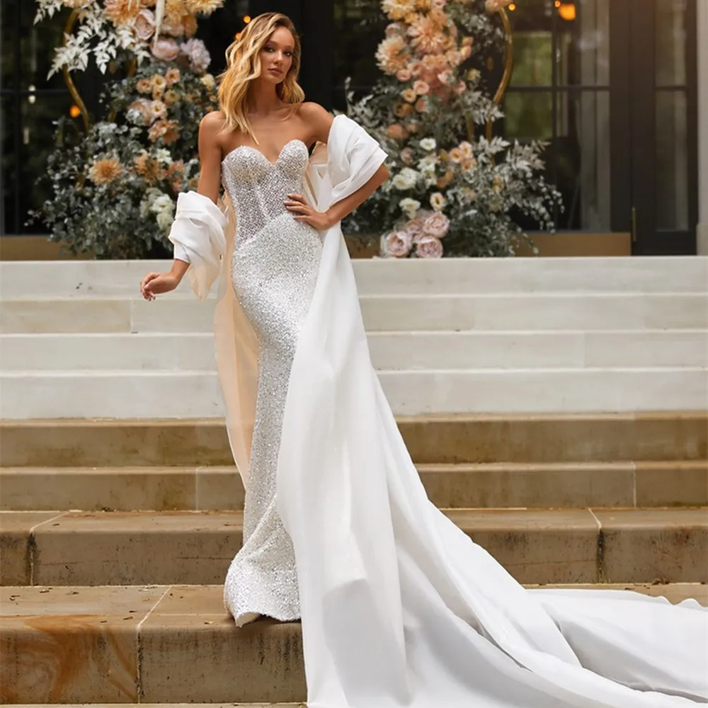 Robe de mariée sirène scintillante sans bretelles pour femmes, robes de mariée sexy, train de balayage en tulle, patients, quelle que soit la mariée, 2022