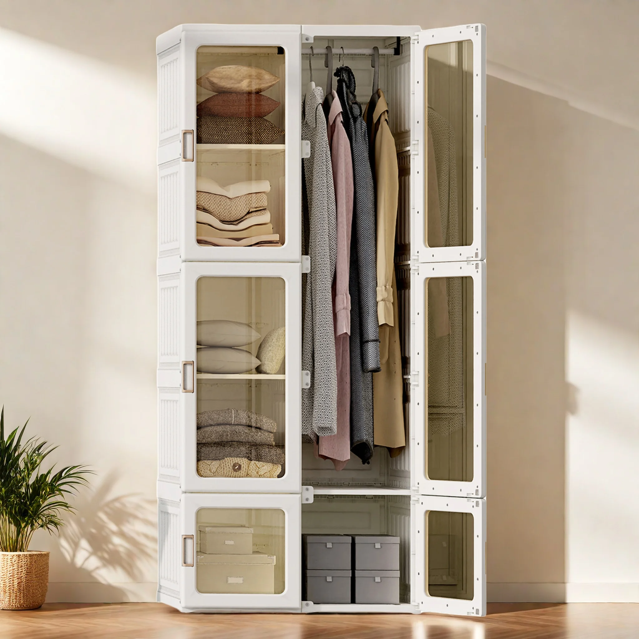 Superaly Armario Portátil Blanco, Armario con Puerta Transparente, Armario Multifuncional Plegable, Perchero con Puerta