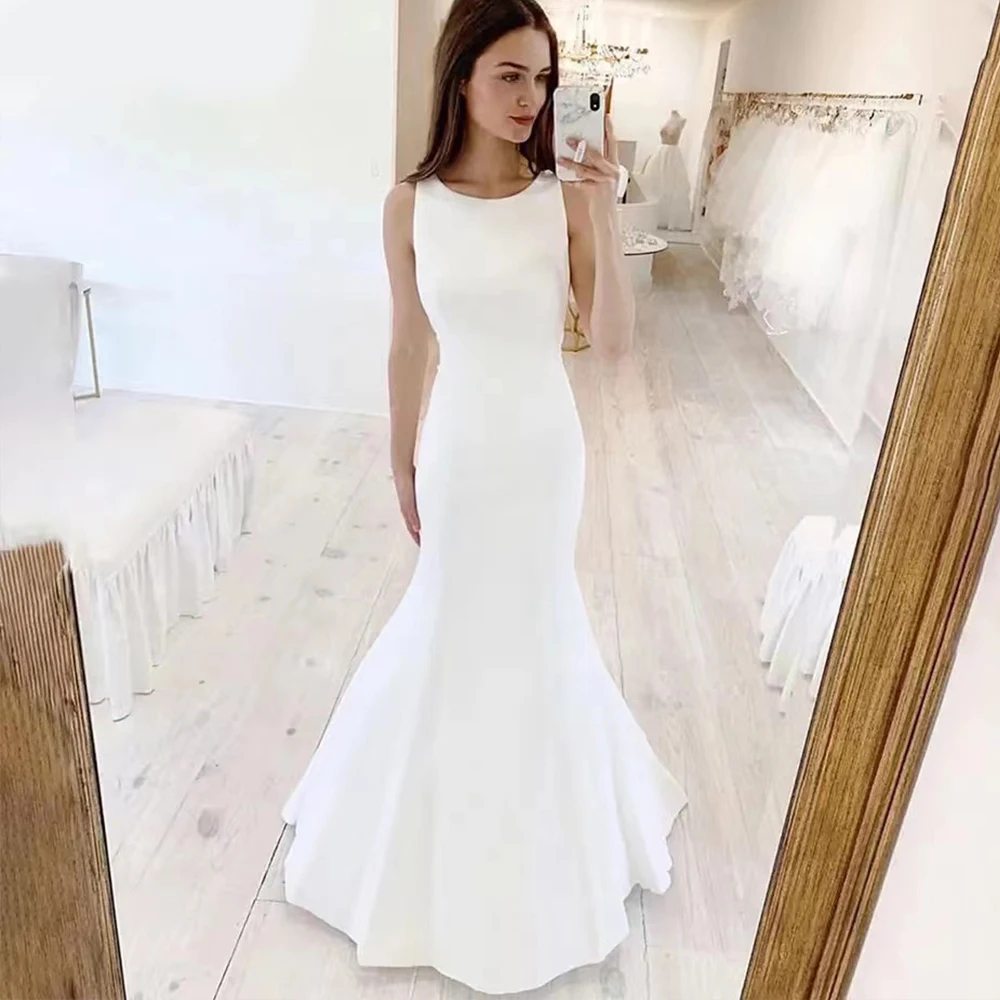 

2023 Bow Satin Mermaid Wedding Dress Tank Backless Bride Dresses White Simple Wedding Gown Vintage robe mariage femme