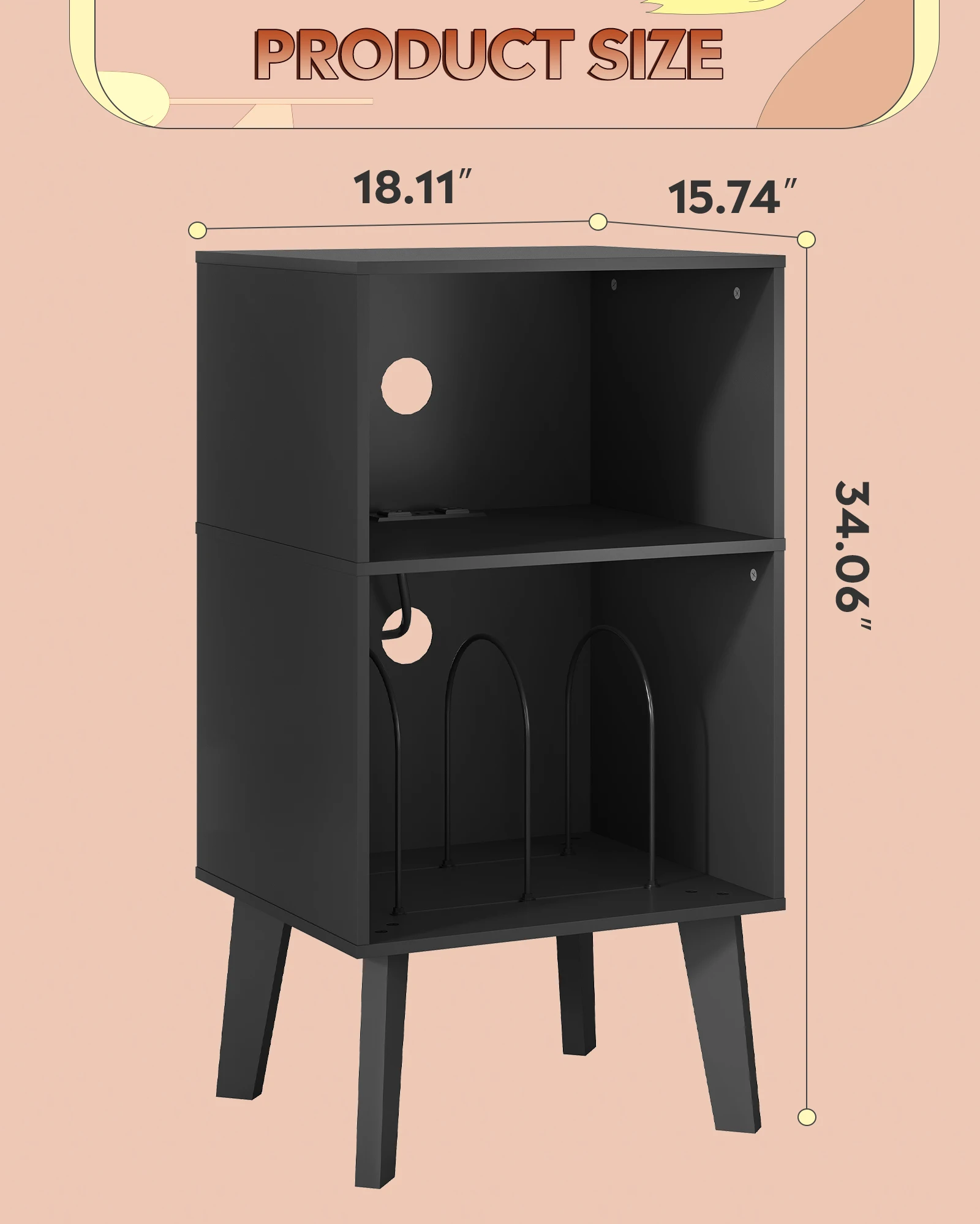 Record Player Stand with Charging Station Mid Century Tall Nightstand Holds Up to 150 Albums; 2 Open Compartments; Fits Most Turntables; Hidden Charging Station on Middle Shelf; 2AC + 2USB Ports;