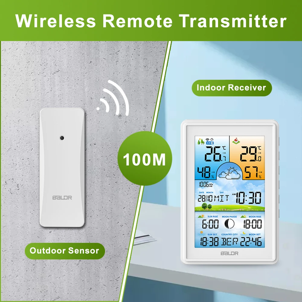 Baldr Bezprzewodowy cyfrowy kolorowy wyświetlacz Stacja pogodowa Zegar Barometr Termometr Higrometr Prognoza Trend Czujnik zewnętrzny