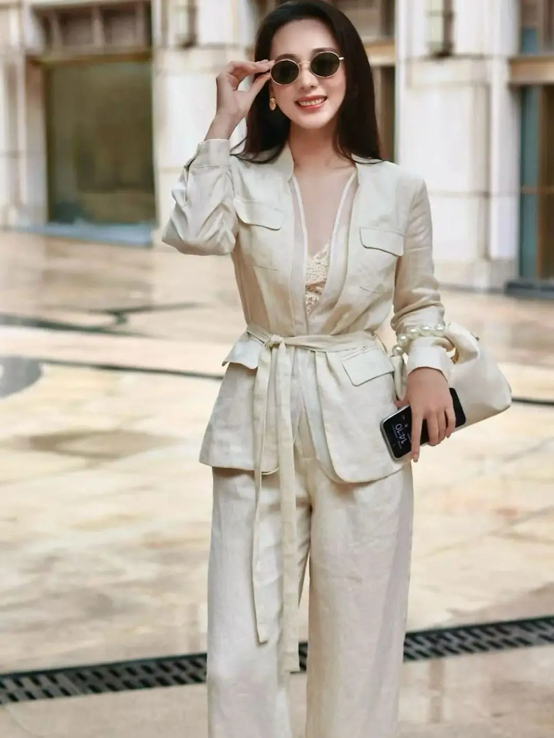 

Autumn luxurious women's solid color linen minimalist style pants suit