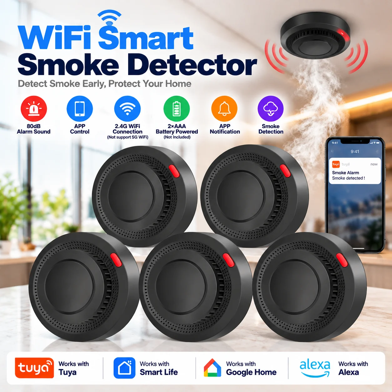 2.4G WiFi Smoke Detector Wireless Sensor Fire Alarm Home Kitchen Security System work with tuya Smart Life App Alert Sound Alarm