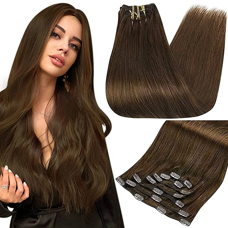 Full Shine Clip In Hair Extensions Zwart Balayage Zilver 7 Stuks Echt Menselijk Haar Natuurlijk Haar Dubbele Inslag Recht 120G