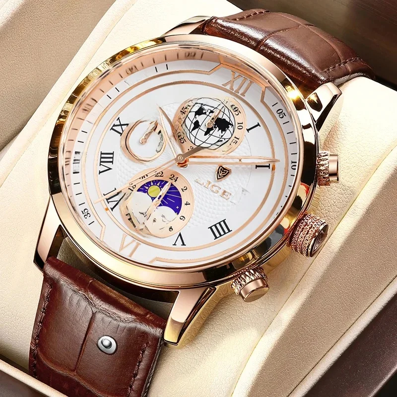 LIGE luksusowy męski zegarek wodoodporny świecący chronograf dla mężczyzn skórzany pasek męskie zegarki kwarcowe Reloj Hombre + pudełko — zdjęcie 2