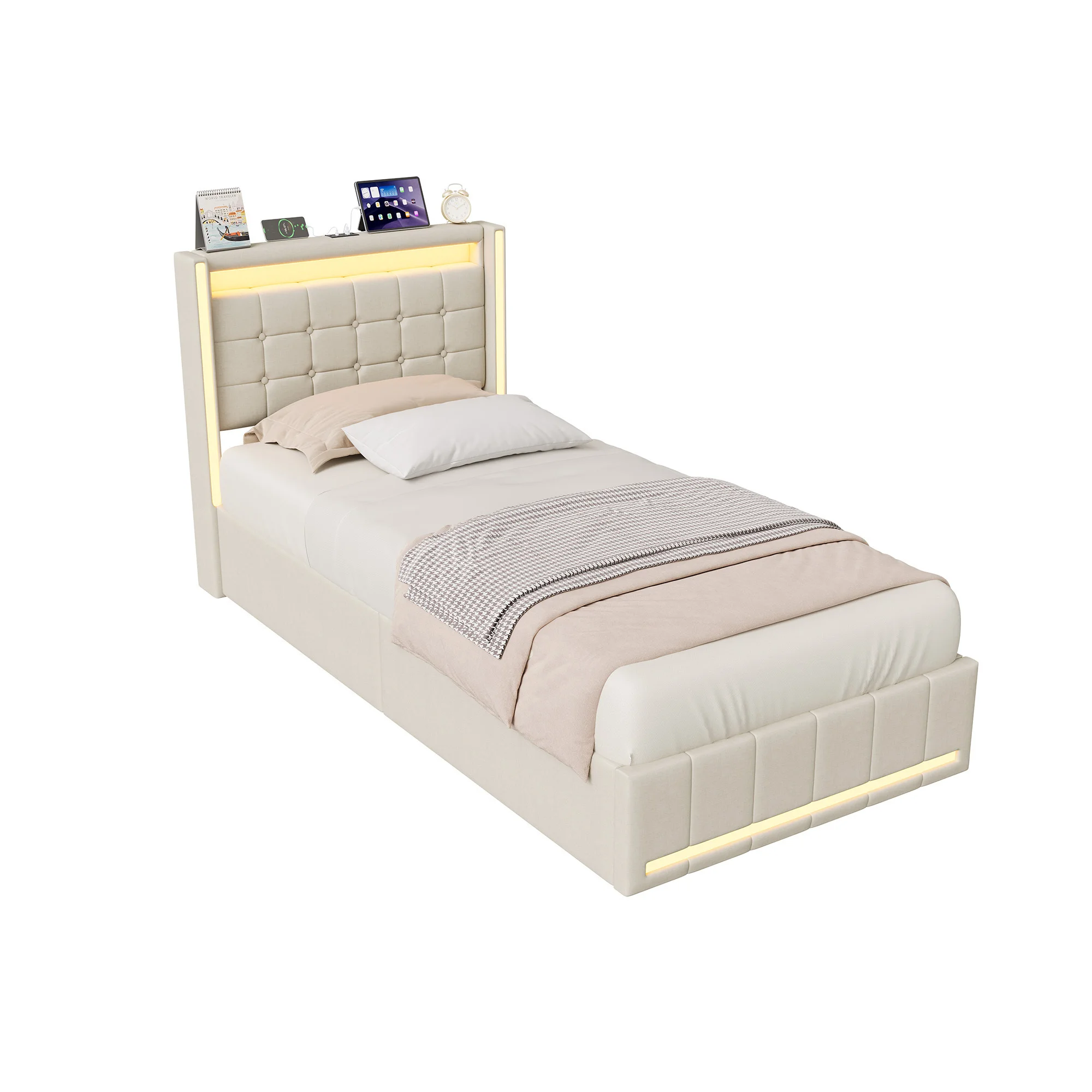 4ft6 Double Bed Frame Upholstered Platform Bed with 4 Storage Drawers & LED Storage Headboard, Linen Beige Functional Beds with LED Lighting & Charging Station,Metal-Wood Support, 3ft/4ft6/5ft bed image 3