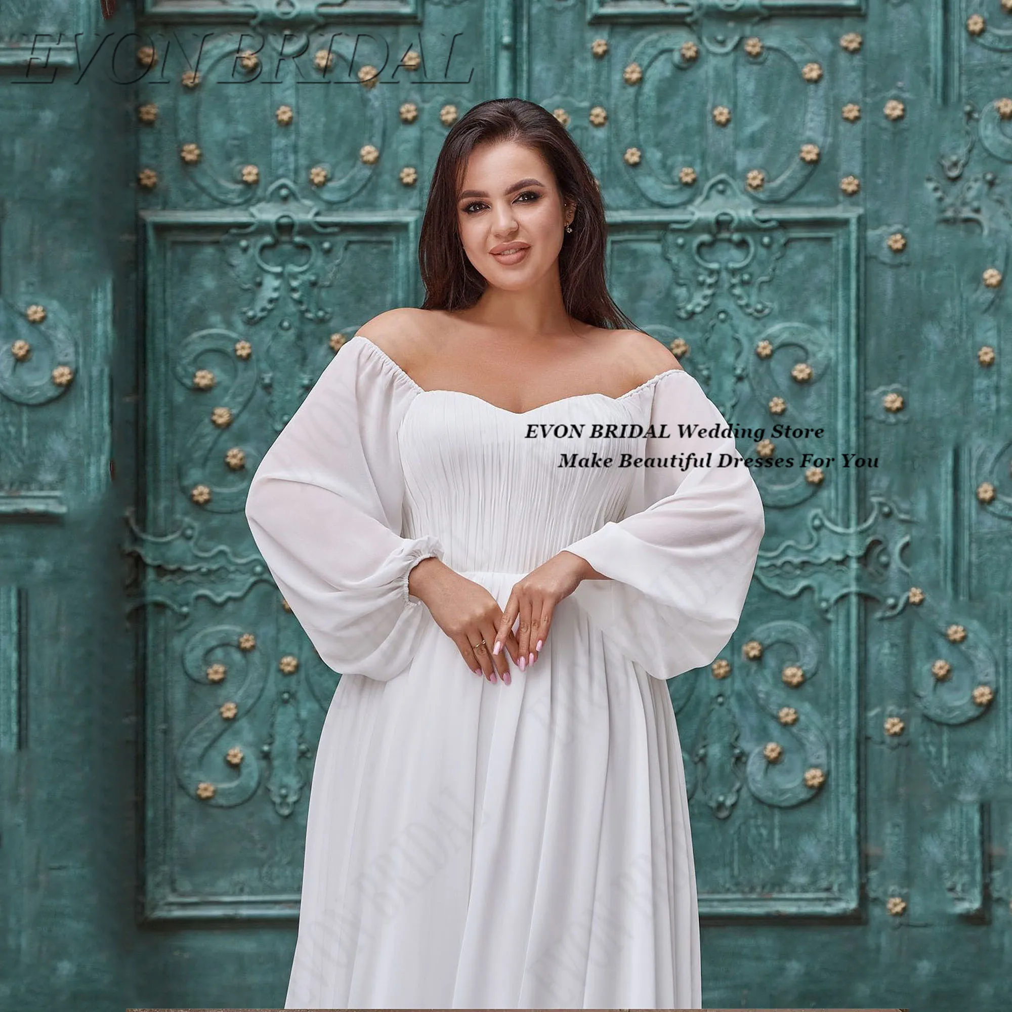 شيفون كم كامل بالإضافة إلى حجم فساتين العروس الدانتيل يصل فستان الزفاف المدنية مع الخامس الرقبة Vestido De Noiva EVON BRIDAL مخصص