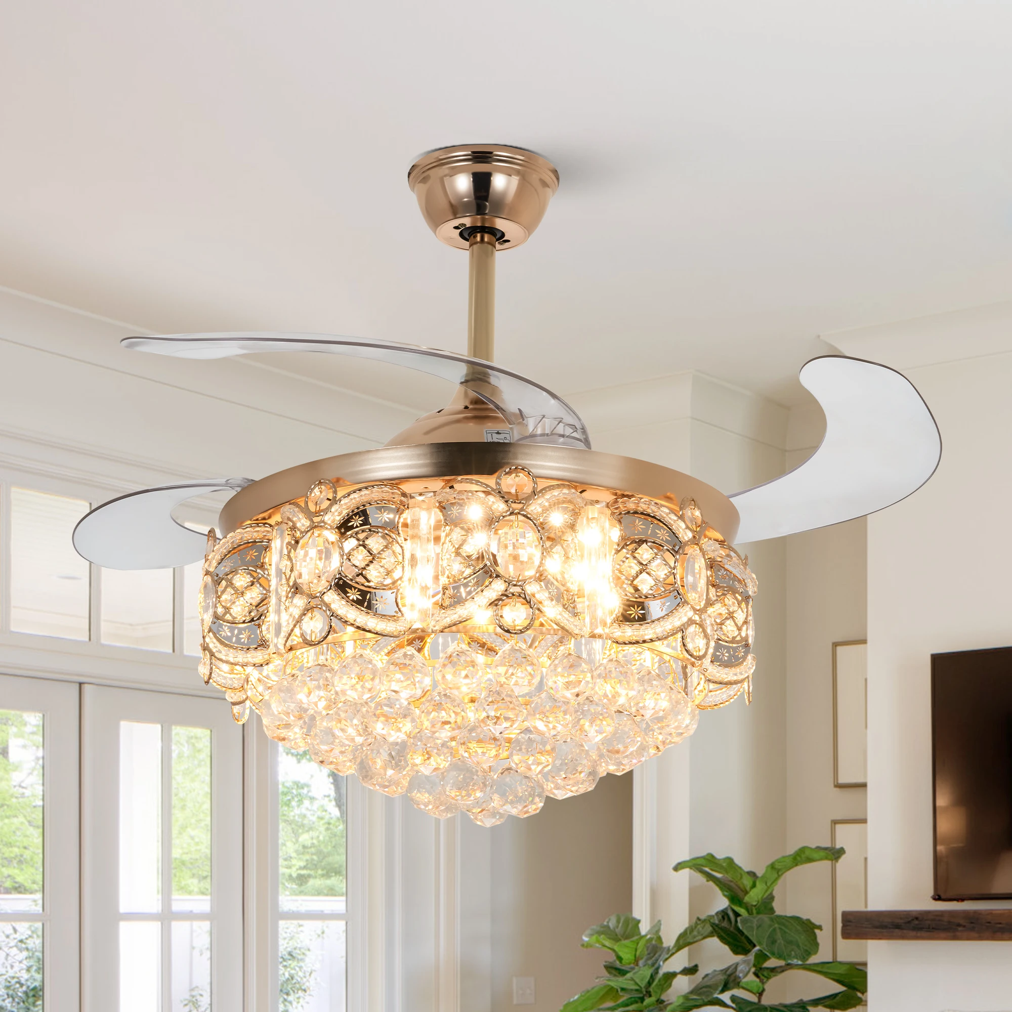 42인치 크리스탈 LED 매립형 천장 선풍기 조명, 리모컨 포함, 거실 및 식당에 적합