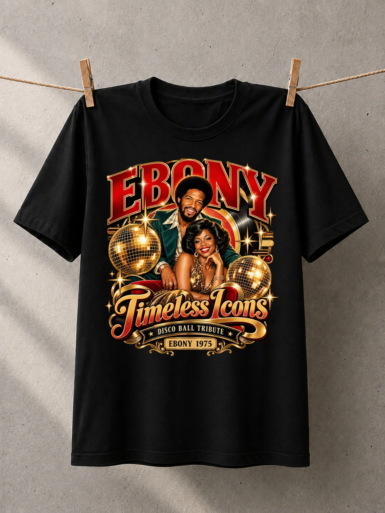 Ebony Timeless Icons T-Shirt Smiling Disco Duo Golden Disco Balls Sparkles Red Golden Ribbons And 1975 Tribute Graphic Tee Unisex T-Shirt