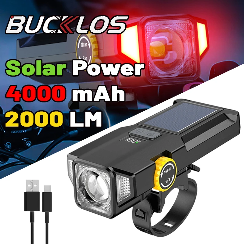 4000mAh Bike Light 2000LM Zoom Bicycle Front Light Solar Power Highlight LED Light with COB Red Side Lamp Durable Cycling Lights