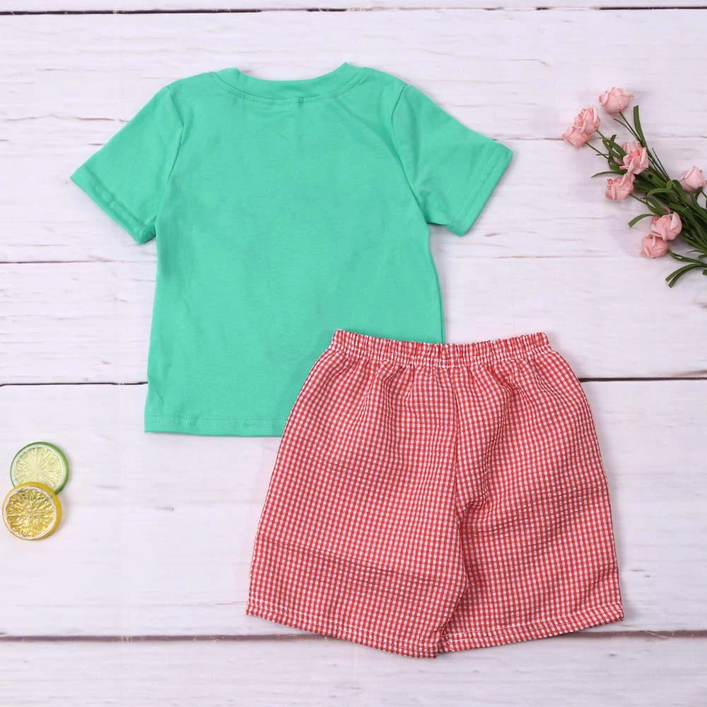 2024 Baby New Cotton Short Sleeved Green T-shirt Set Neck Lobster Embroidery Boy Top Clothes And Red Lattice Shorts Suit