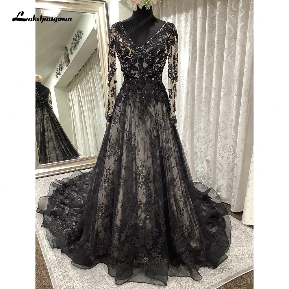Gothic Black A Line Long Sleeve V Neck Wedding Dress Lace Appliques 2023 Robe Bridal Boho Gowns for Women trouwjurk