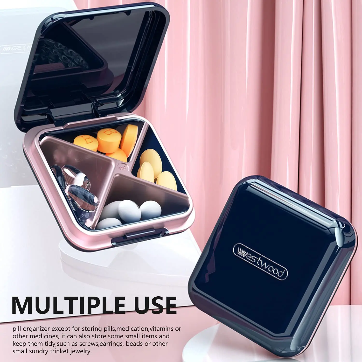 Small Pill Box, Portable Medicine Organizer, Cute Daily Pill Box For Pocket, Waterproof 4 Compartment Travel Pill Container