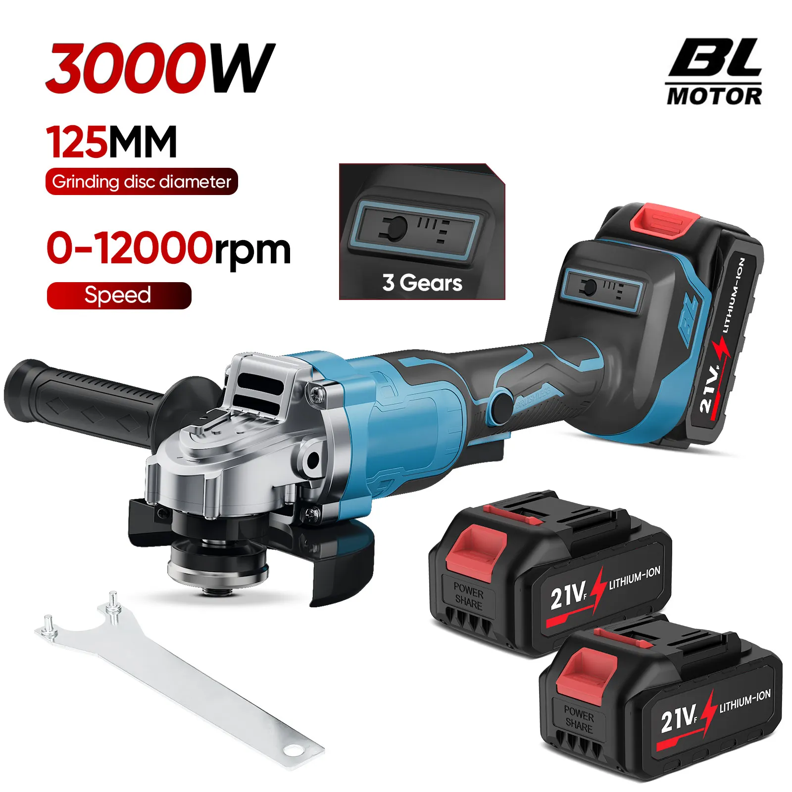 125MM 21V Bürstenloser Winkelschleifer 3-Gang Akku-Schleifer Schneidwerkzeug für Holzbearbeitung Elektrowerkzeug Geeignet für Makita 21V Akku