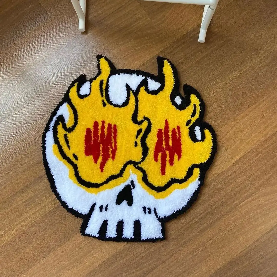 Skull With Flaming Eyes Pattern Rug Printing Technology Simple Housewarming Gift Handmade Non-Slip Decorative Carpet