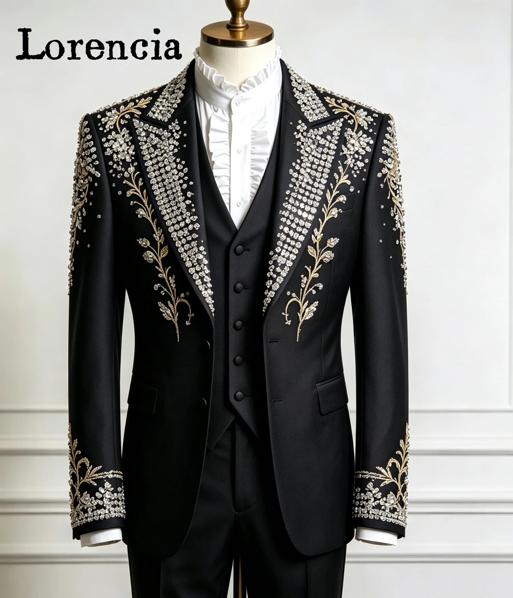 Rhinestone Men Suits 3 Pieces Sets Peak Lapel Groom Wedding Tuxedos Customized Floral Embroidery Male Party Blazers Ropa Hombre