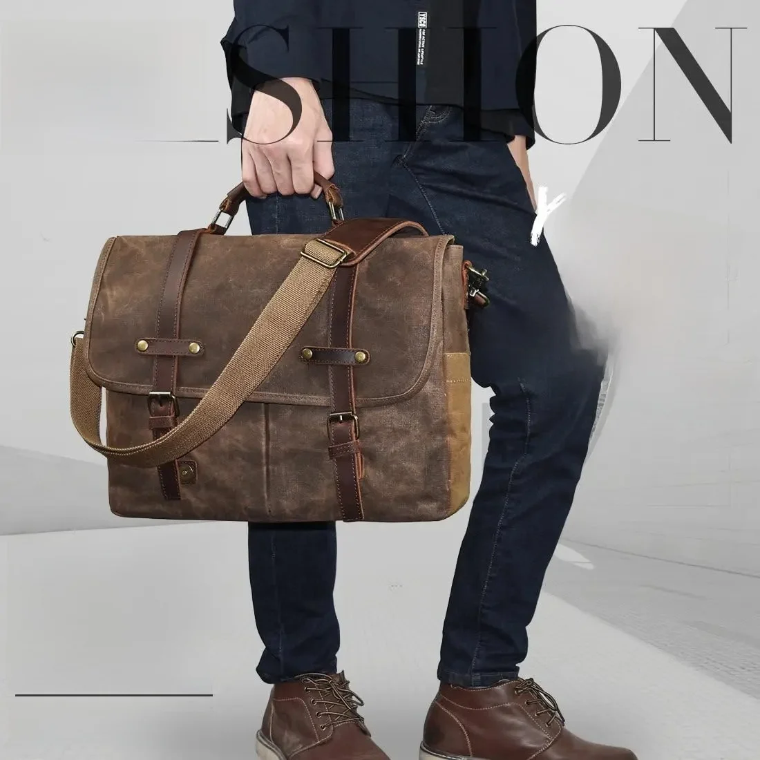 Męska torba o dużej pojemności Wytrzymała płócienna torba na laptopa 15,6 cala Wodoodporna teczka w stylu vintage Torba na ramię typu crossbody — zdjęcie 2