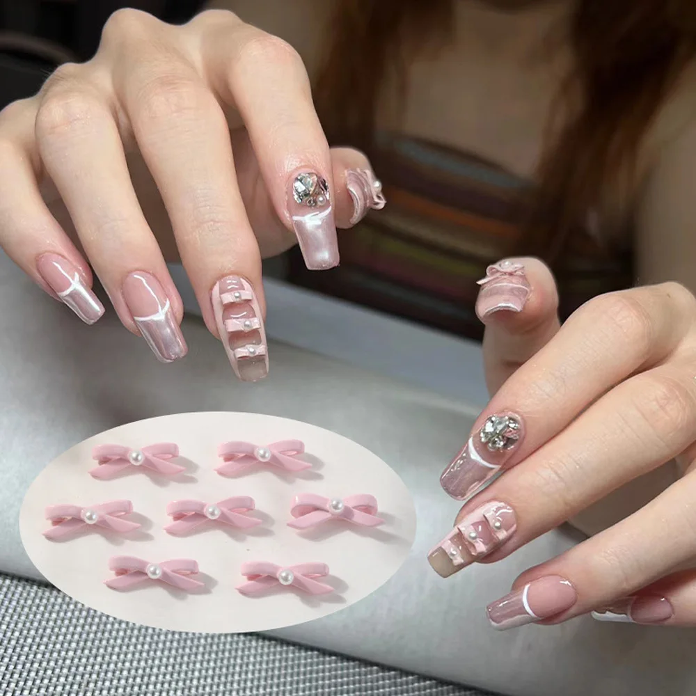 Nail Art Encantos para Sapatos de Dança, Liga 3D, Fita Kawaii Rosa, Arco de Pérola, Decoração de Unhas, Arcos de Balé Francês, Peças de Manicure, 10 peças