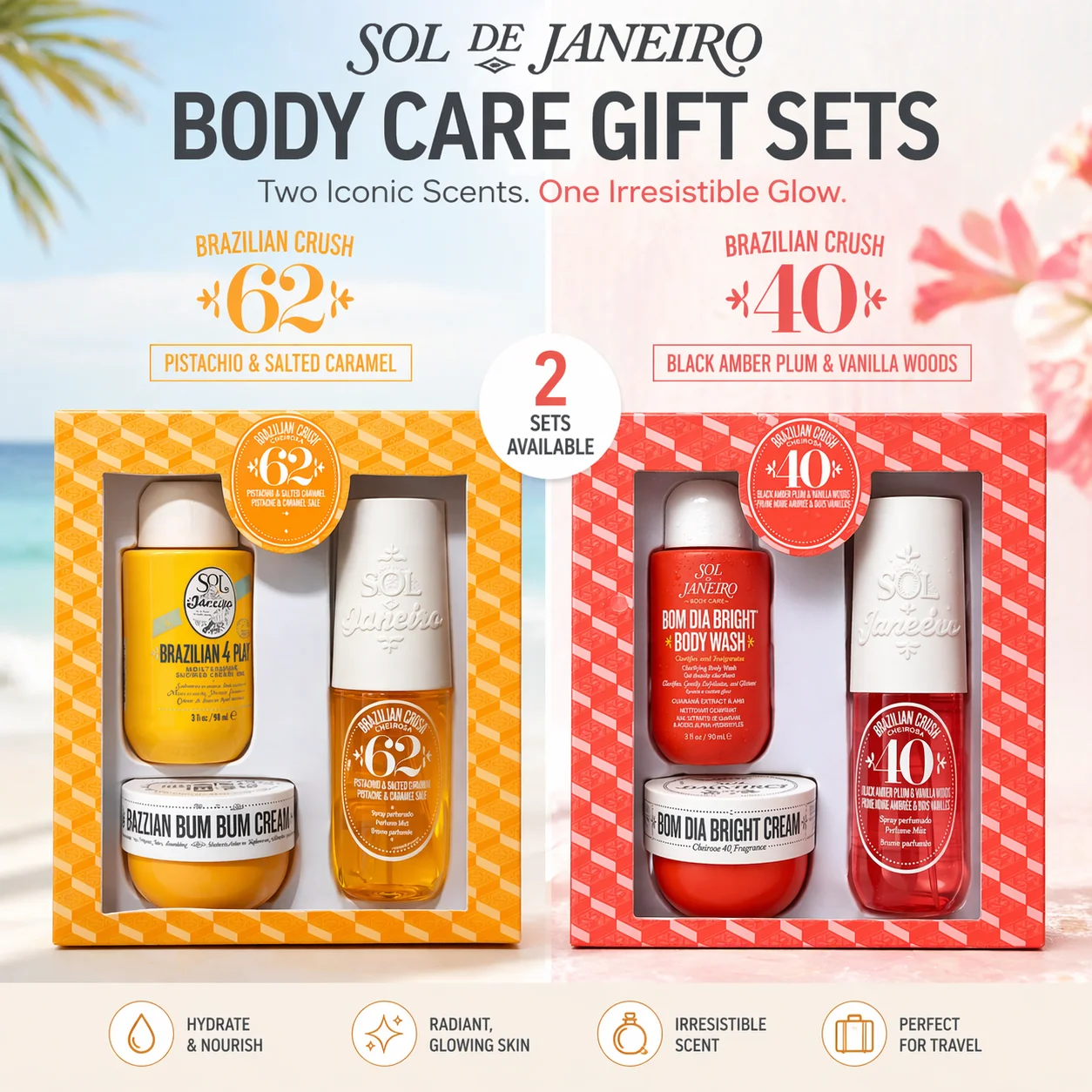 Coffret cadeau de soins corporels Sol de Janeiro Bum Bum Jet Set en format voyage - Gel douche hydratant, crème raffermissante et brume parfumée