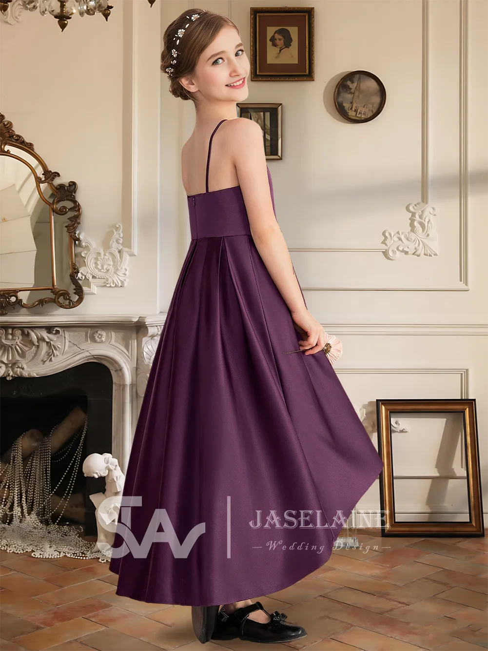 Асимметричное атласное платье трапециевидной формы с лямкой на шее для юниоров с высокой низкой юбкой, платье с цветочным узором для девочек, официальная свадьба для девочек