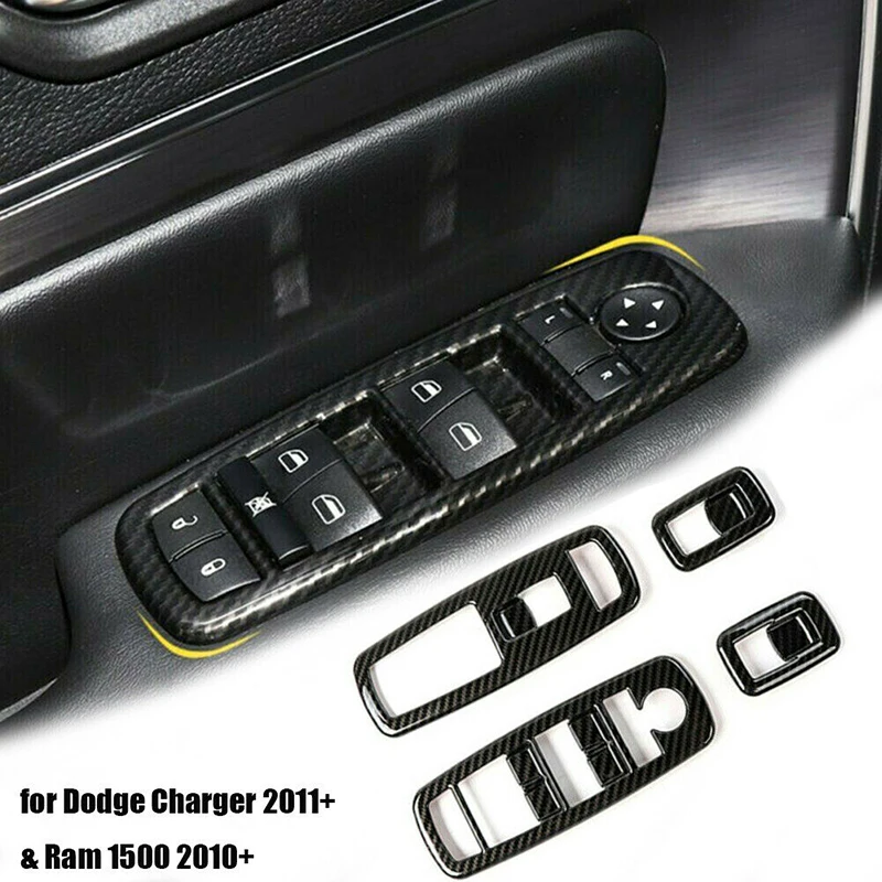 4Pcs Carbon Fiber Style Inner Window Lift Switch Cover Trim Fit For Dodge Charger Durango 2011 2012 2013 2014 2015 2016-2020