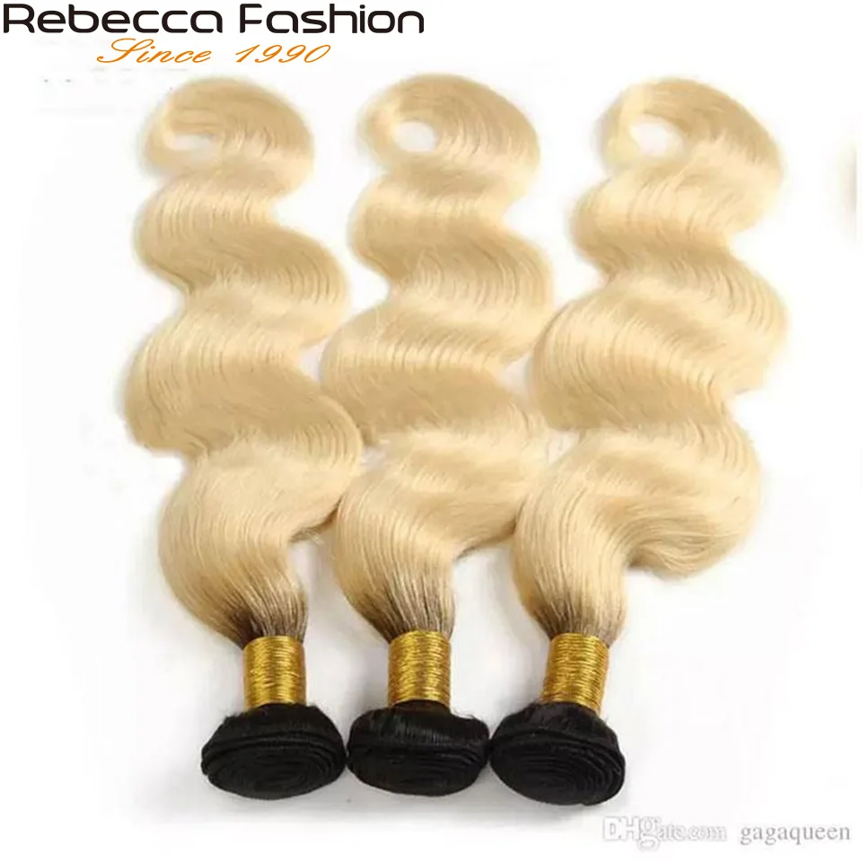 Rebecca Ombre Brazilian Body Wave 1/3 Bundles Two Three Tone Remy Human Hair Bundles Deals 1B/613 Blonde Honey Blonde Hair