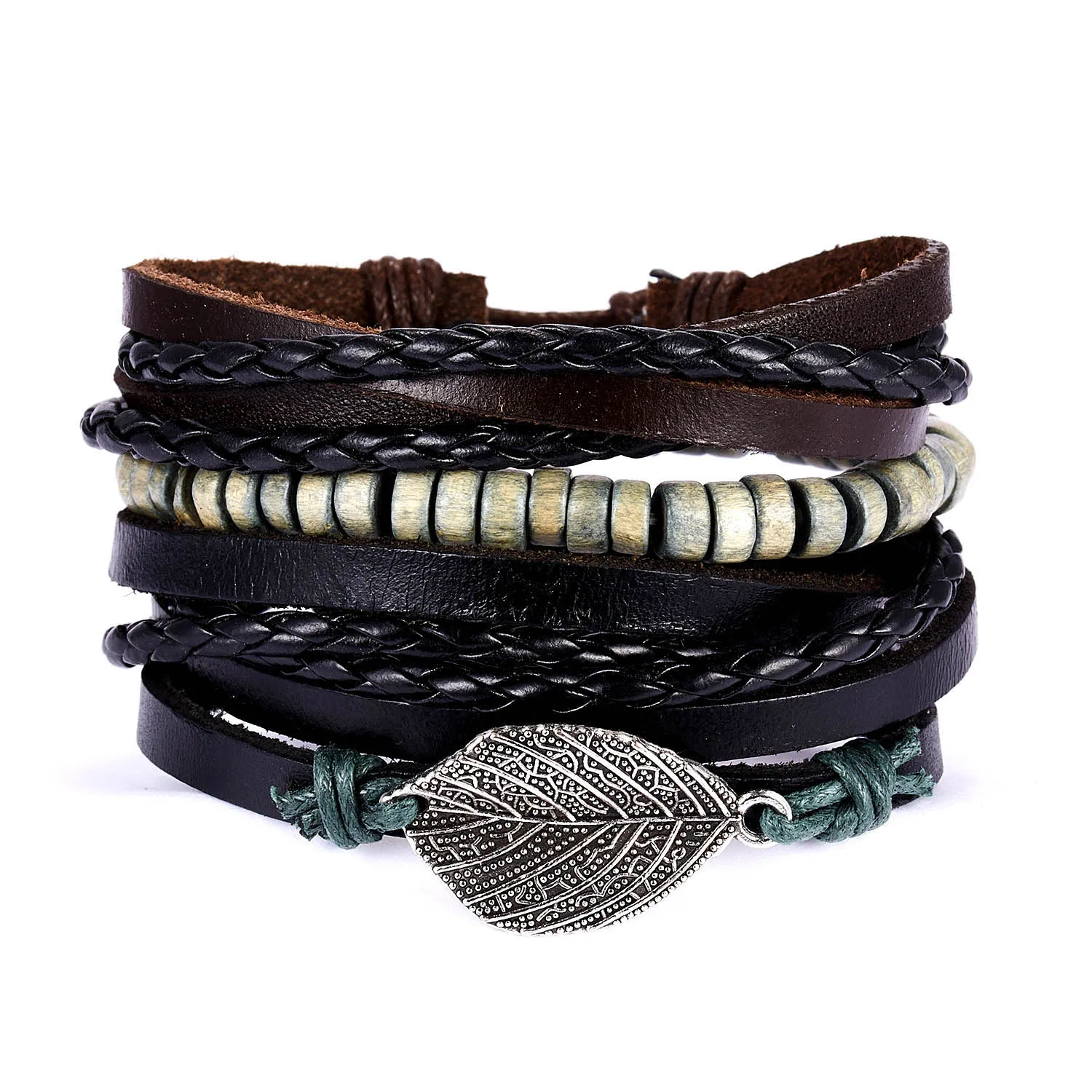 Conjunto de pulseras de cuero de múltiples capas Vintage para mujeres y hombres, pulsera trenzada hecha a mano con plumas de hoja, accesorios de