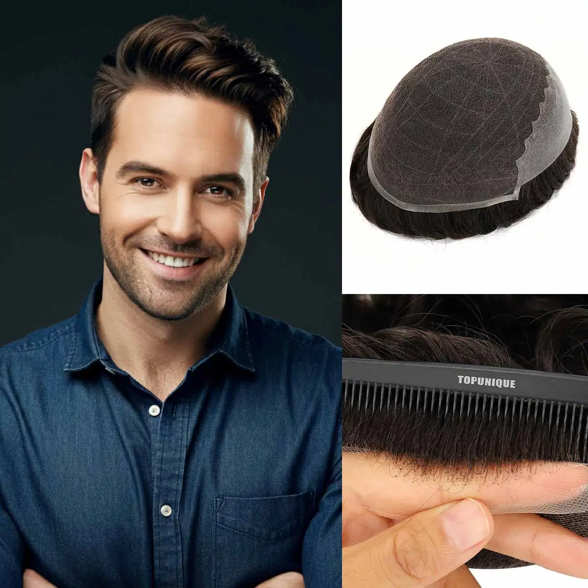 

TUL02 Hair Piece for Men Combination of Lace and Skin 100% Density Breathable and Easy to Work With Indian Remy Human Hair top